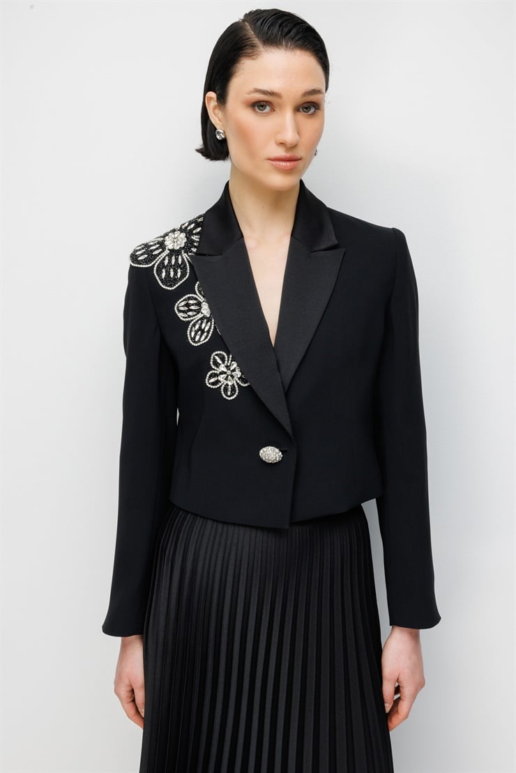 Modailgi  Çiçek Desen Taş Aksesuarlı Tek Düğme Krop Ceket - 35022 Siyah