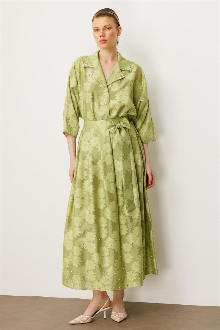 Modailgi  Çiçek Desenli Fiyonk Detaylı Yüksek Bel Etek Yeşil