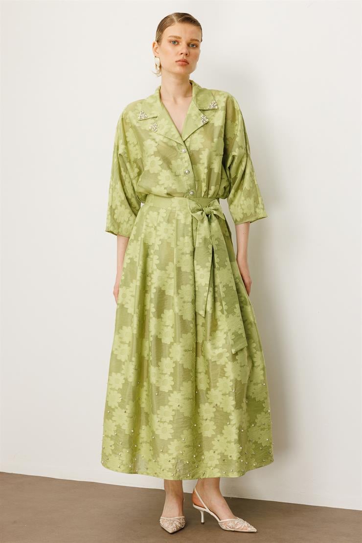 Modailgi  Çiçek Desenli Fiyonk Detaylı Yüksek Bel Etek Yeşil