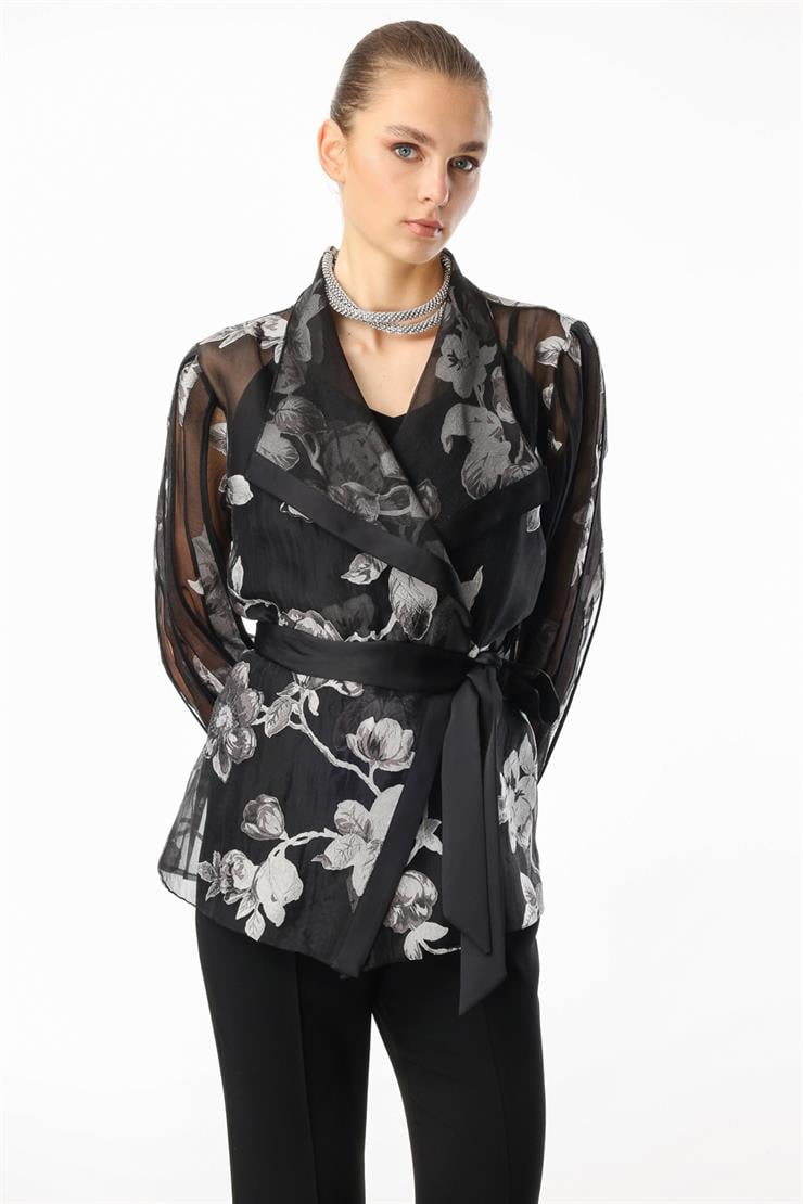 Modailgi  Çiçek Desenli Organze Tunik Siyah