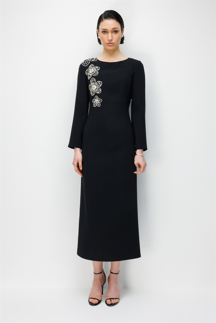 Modailgi  Çiçek Desenli Taş Aksesuarlı Klasik Kalem Elbise Siyah
