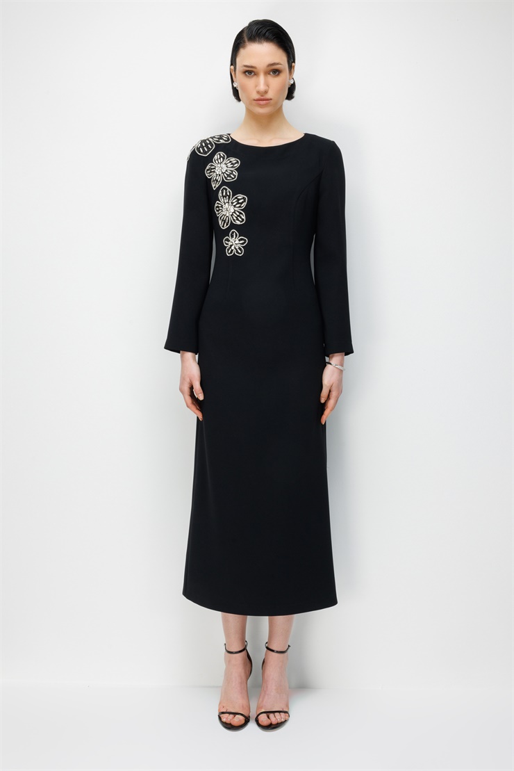 Modailgi  Çiçek Desenli Taş Aksesuarlı Klasik Kalem Elbise Siyah