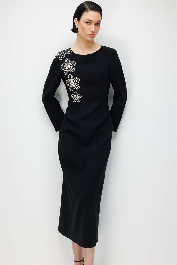Modailgi  Çiçek Desenli Taş Aksesuarlı Klasik Kalem Elbise Siyah