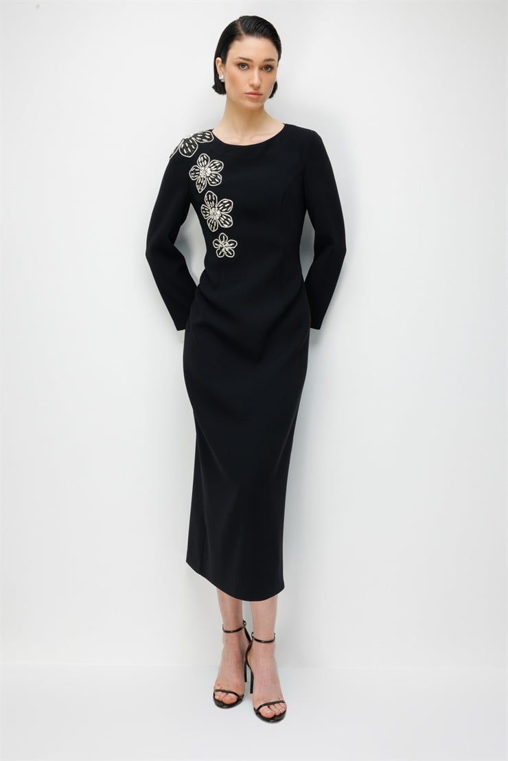Modailgi  Çiçek Desenli Taş Aksesuarlı Klasik Kalem Elbise Siyah