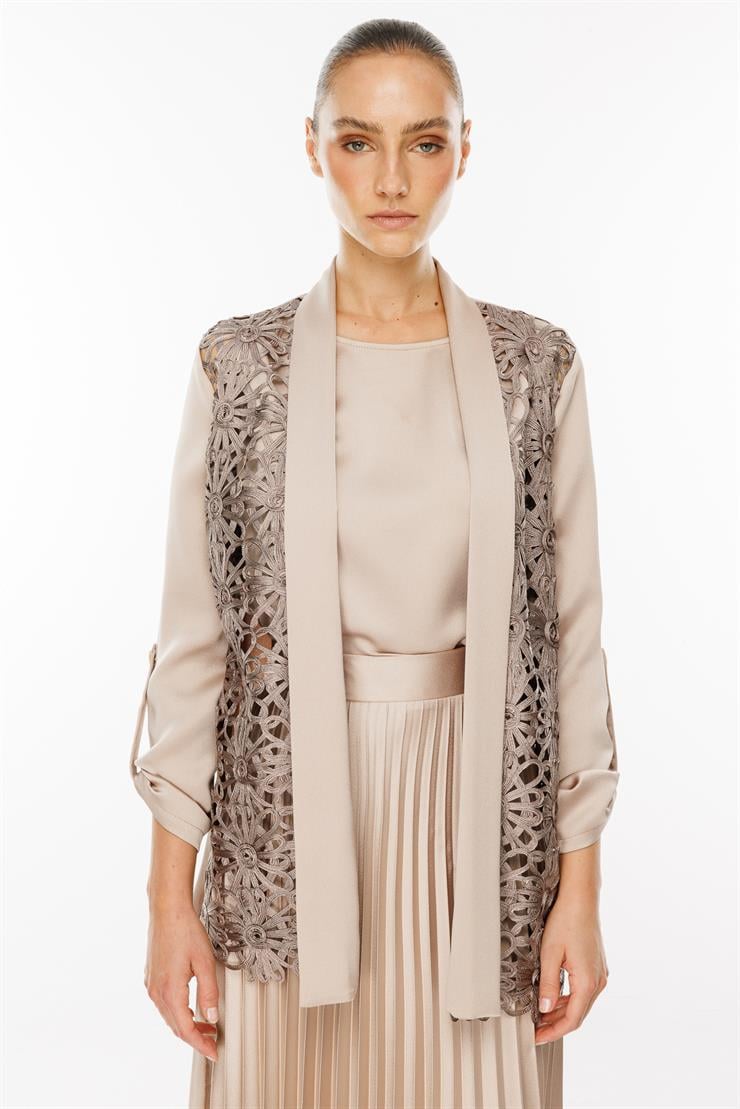 Modailgi  Çiçek Güpürlü İkili Takım Vizon