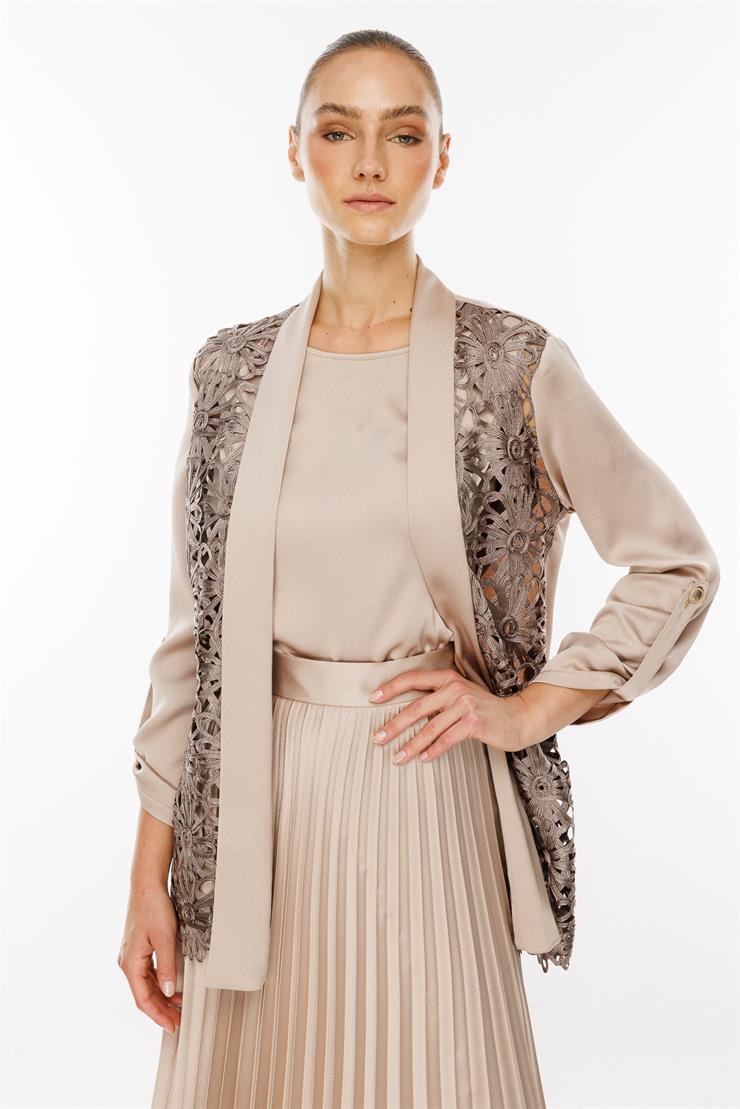 Modailgi  Çiçek Güpürlü İkili Takım Vizon