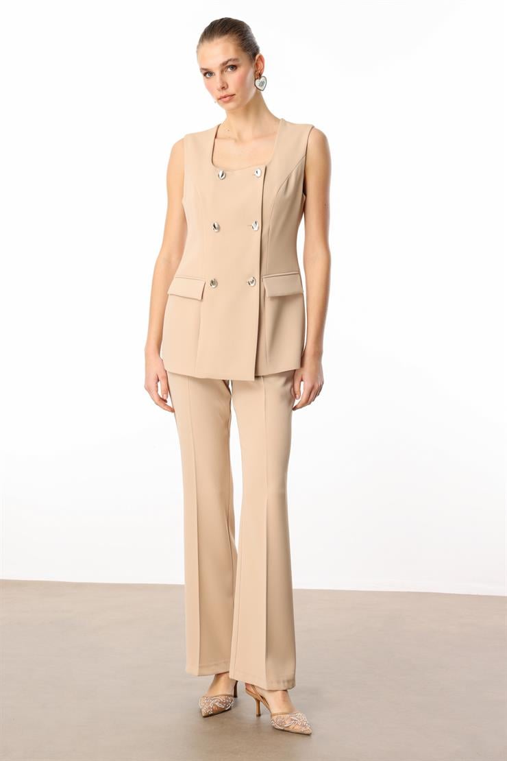 Modailgi  Çift Düğme Detaylı Kare Yaka Uzun Yelek - 4139 Taş