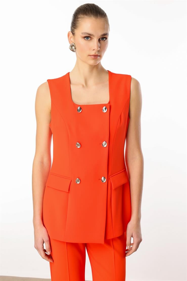 Modailgi  Çift Düğme Detaylı Kare Yaka Uzun Yelek - 4139 Mercan