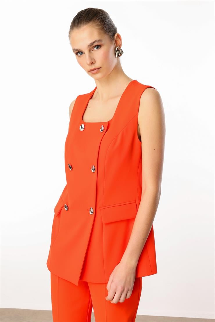 Modailgi  Çift Düğme Detaylı Kare Yaka Uzun Yelek - 4139 Mercan