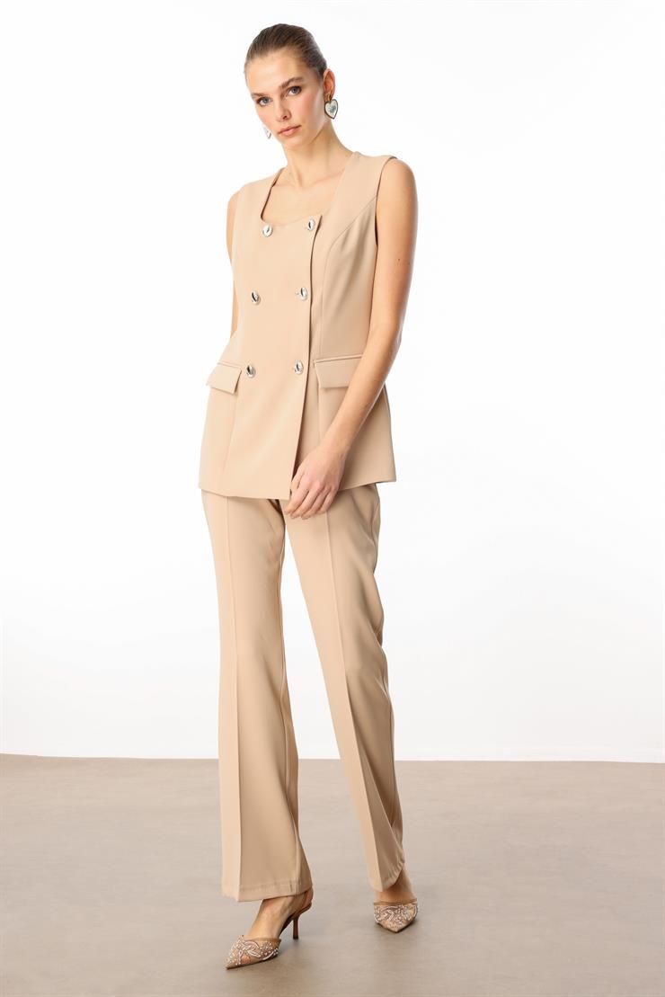 Modailgi  Çift Düğme Detaylı Kare Yaka Uzun Yelek - 4139 Taş