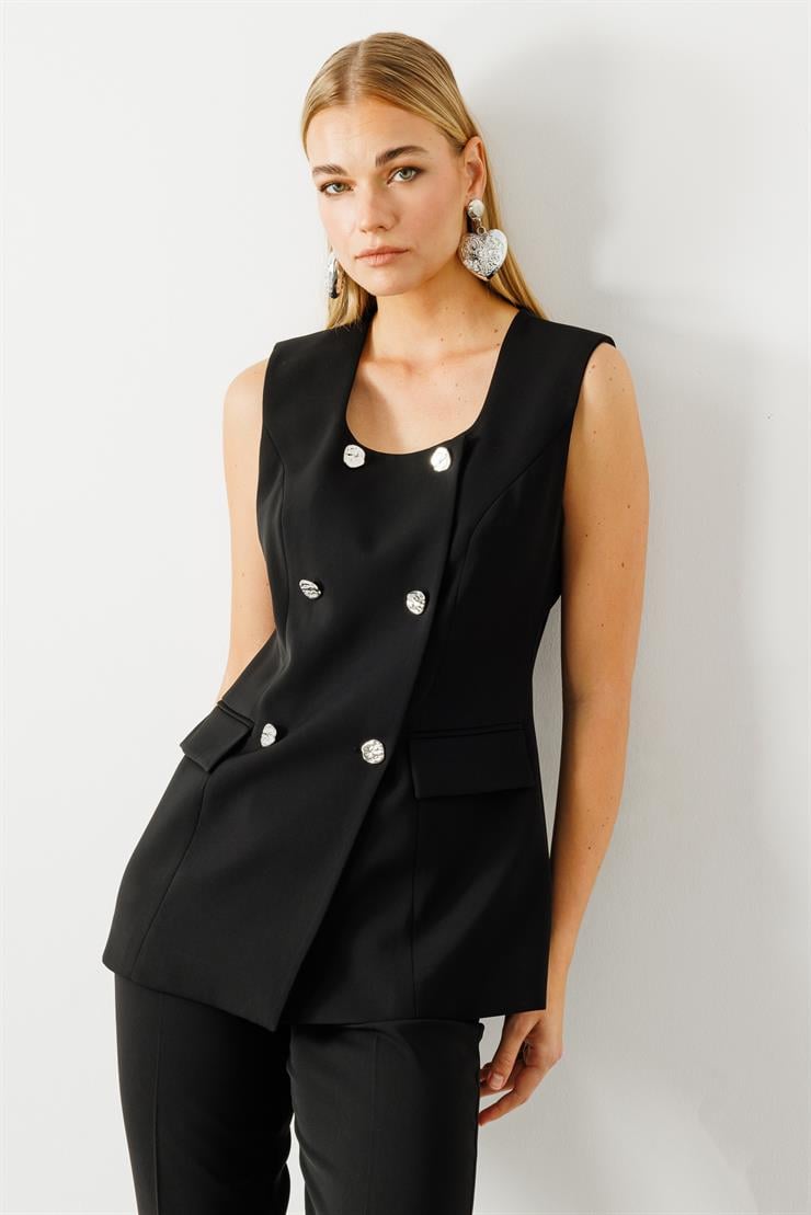 Modailgi  Çift Düğme Detaylı Kare Yaka Uzun Yelek - 4139 Siyah