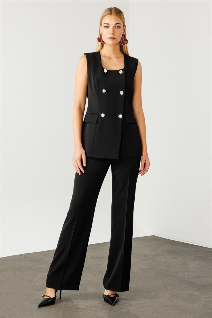 Modailgi  Çift Düğme Detaylı Kare Yaka Uzun Yelek - 4139 Siyah