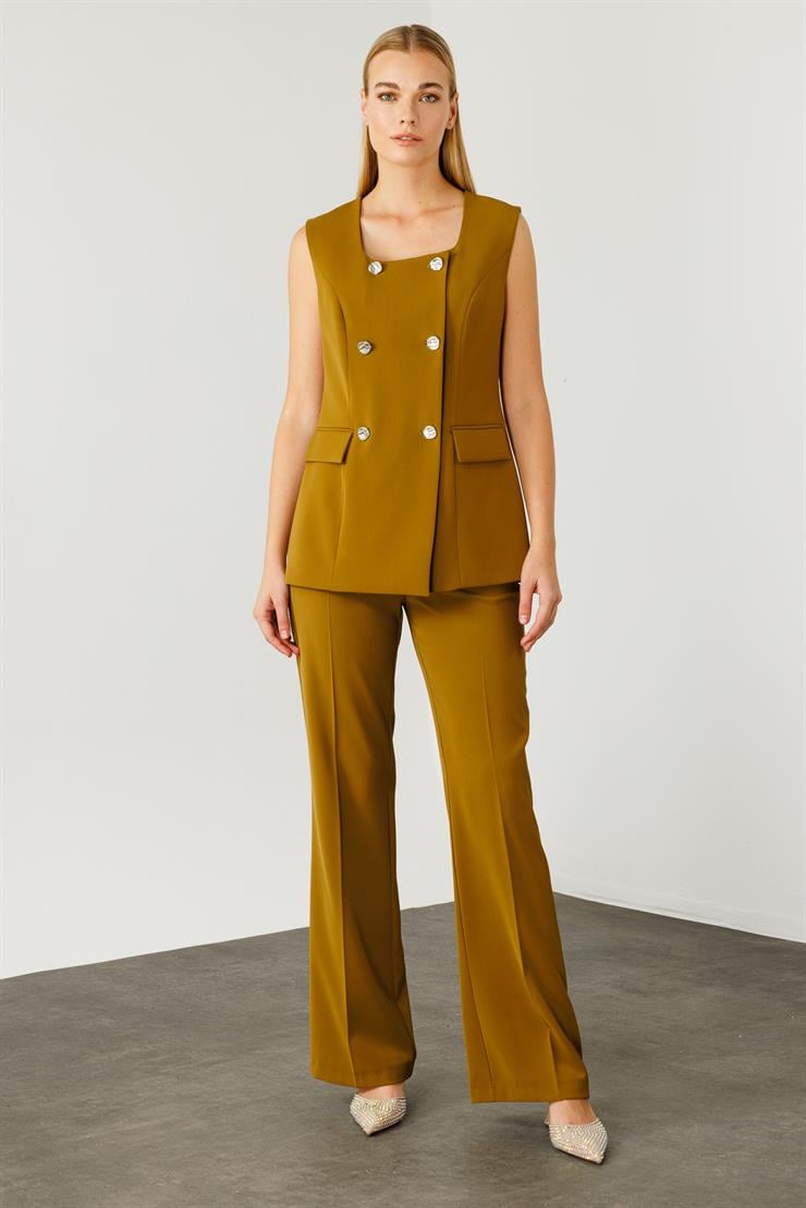 Modailgi  Çift Düğme Detaylı Kare Yaka Uzun Yelek - 4139 Olive