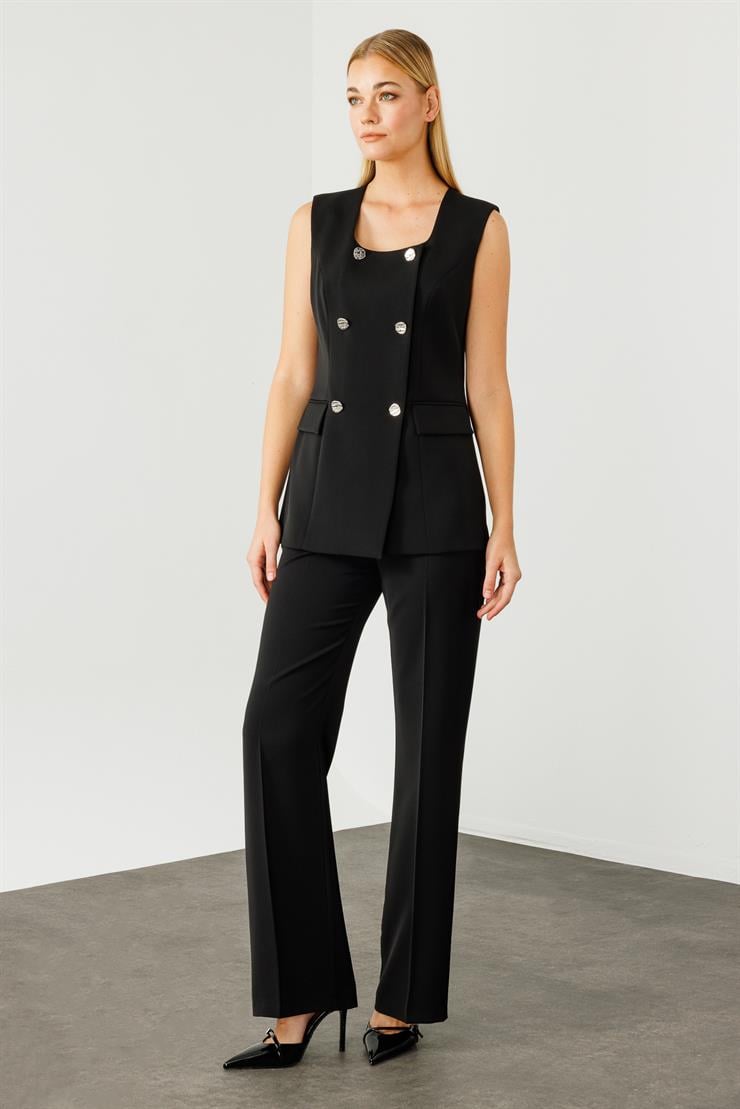 Modailgi  Çift Düğme Detaylı Kare Yaka Uzun Yelek - 4139 Siyah