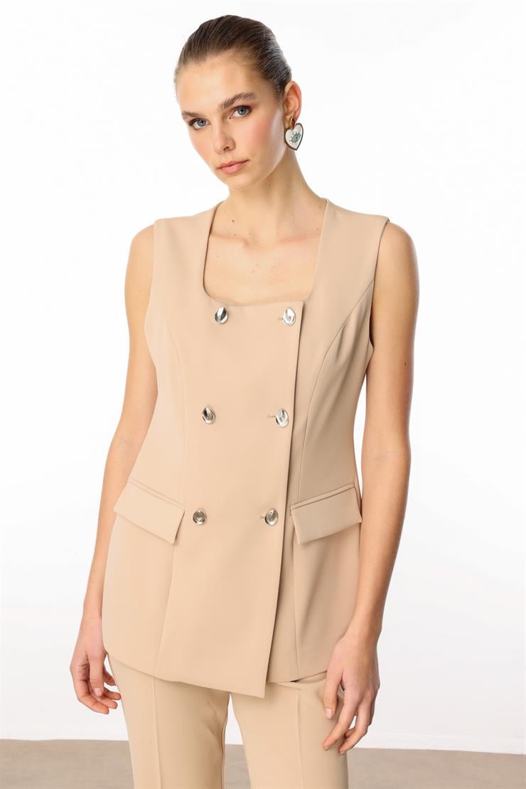 Modailgi  Çift Düğme Detaylı Kare Yaka Uzun Yelek - 4139 Taş