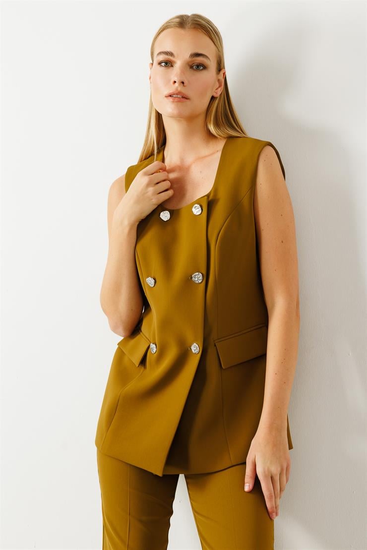 Modailgi  Çift Düğme Detaylı Kare Yaka Uzun Yelek - 4139 Olive