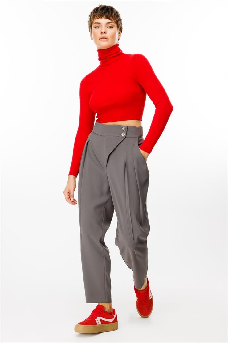 Modailgi  Çift Pile Detaylı Asimetrik Kapamalı Yüksek Bel Pantolon - 7968 Gri