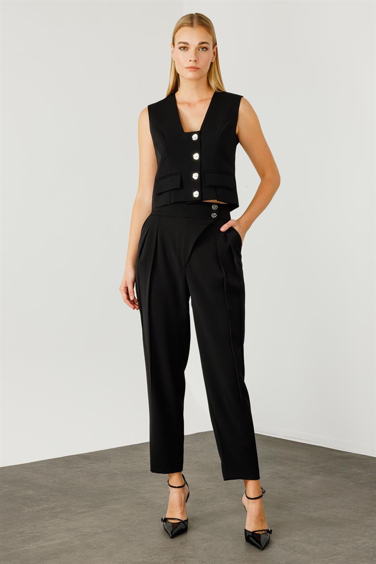 Modailgi  Çift Pile Detaylı Asimetrik Kapamalı Yüksek Bel Pantolon - 7968 Siyah