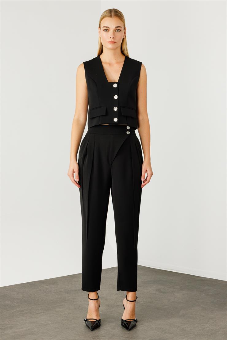 Modailgi  Çift Pile Detaylı Asimetrik Kapamalı Yüksek Bel Pantolon - 7968 Siyah