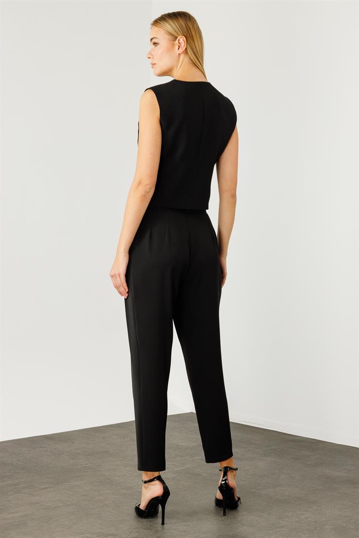 Modailgi  Çift Pile Detaylı Asimetrik Kapamalı Yüksek Bel Pantolon - 7968 Siyah