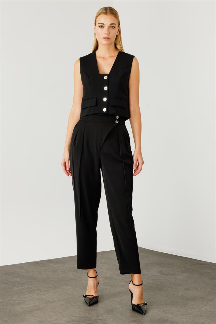 Modailgi  Çift Pile Detaylı Asimetrik Kapamalı Yüksek Bel Pantolon - 7968 Siyah