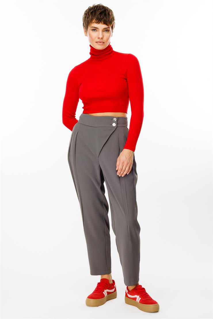 Modailgi  Çift Pile Detaylı Asimetrik Kapamalı Yüksek Bel Pantolon - 7968 Gri