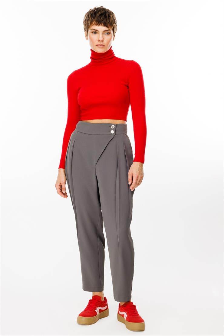 Modailgi  Çift Pile Detaylı Asimetrik Kapamalı Yüksek Bel Pantolon - 7968 Gri