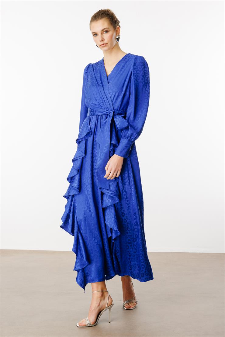 Modailgi  Çift Volanlı Jakar Desenli Kruvaze Elbise Saks