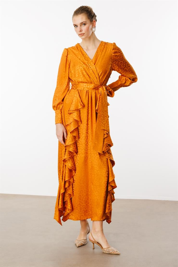 Modailgi  Çift Volanlı Jakar Desenli Kruvaze Elbise Orange