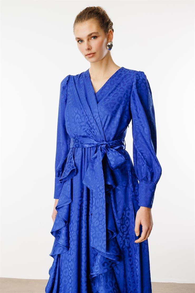 Modailgi  Çift Volanlı Jakar Desenli Kruvaze Elbise Saks