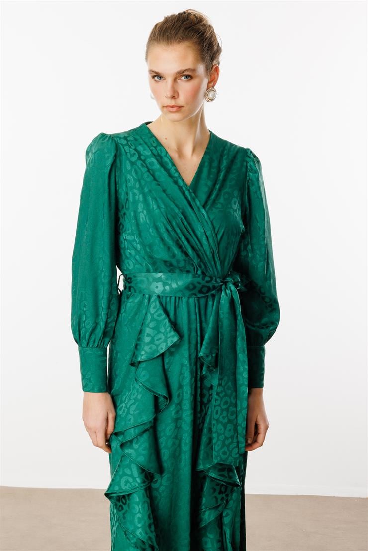 Modailgi  Çift Volanlı Jakar Desenli Kruvaze Elbise Yeşil