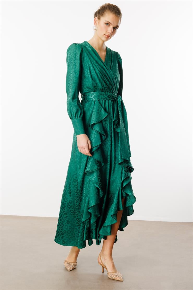 Modailgi  Çift Volanlı Jakar Desenli Kruvaze Elbise Yeşil