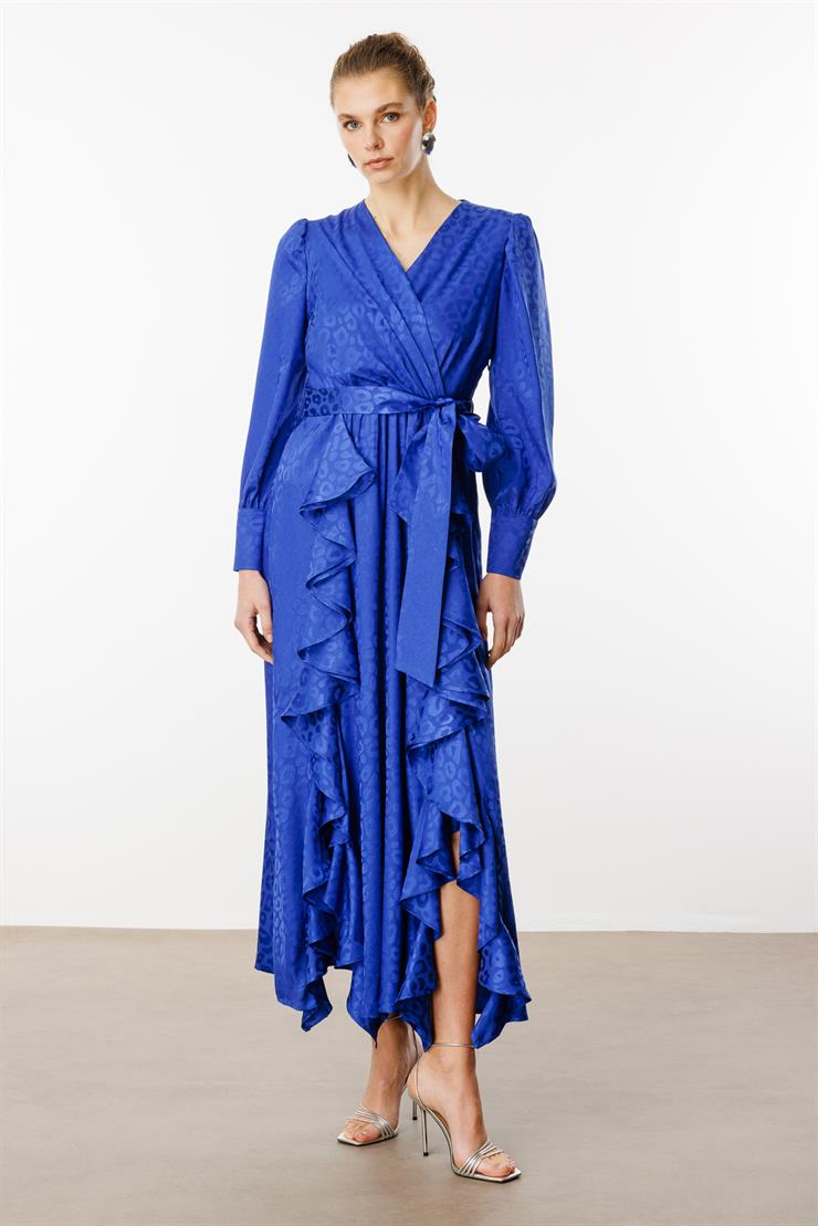 Modailgi  Çift Volanlı Jakar Desenli Kruvaze Elbise Saks