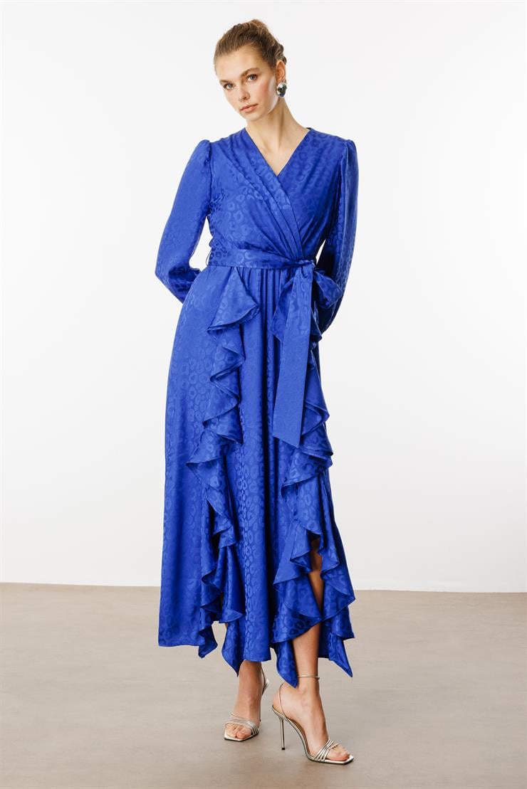 Modailgi  Çift Volanlı Jakar Desenli Kruvaze Elbise Saks