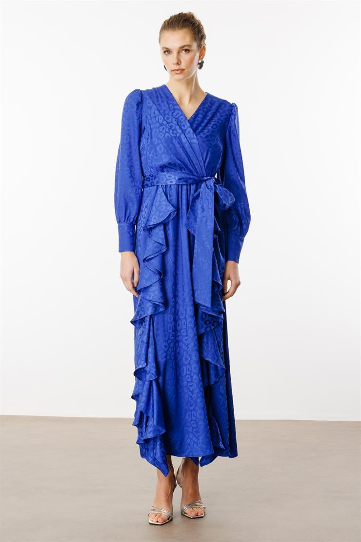 Modailgi  Çift Volanlı Jakar Desenli Kruvaze Elbise Saks