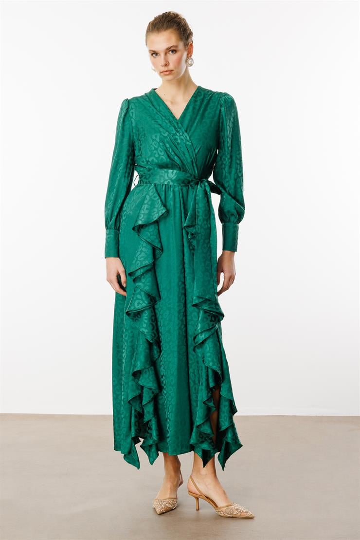 Modailgi  Çift Volanlı Jakar Desenli Kruvaze Elbise Yeşil