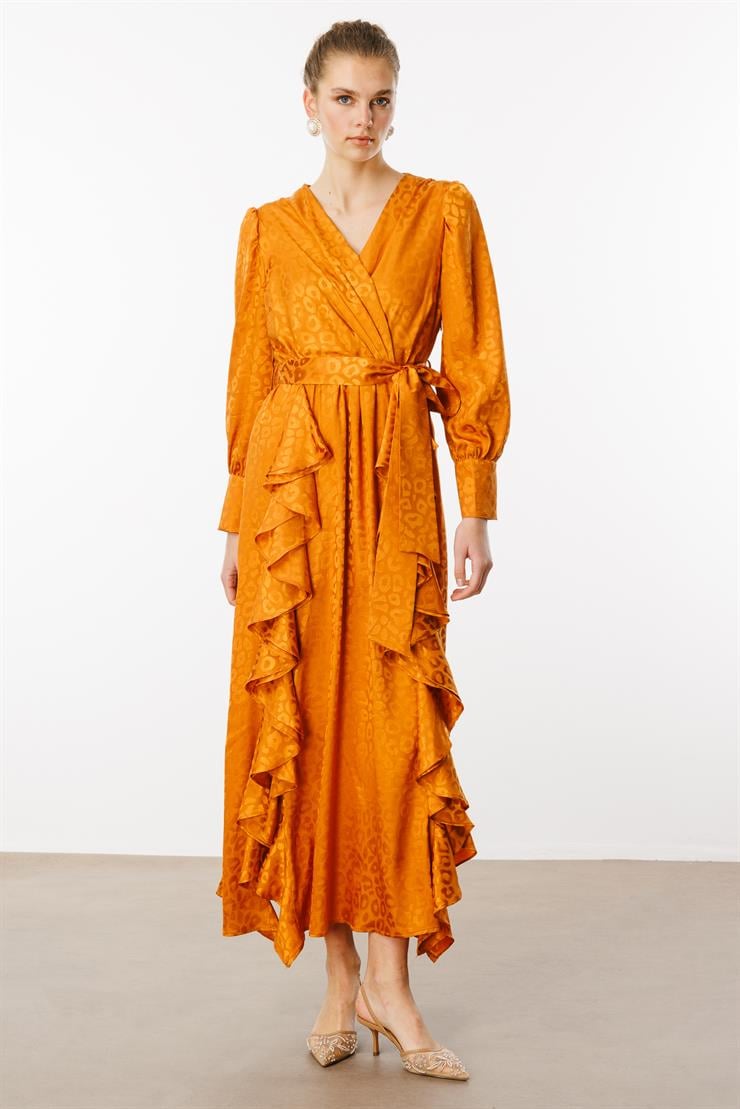 Modailgi  Çift Volanlı Jakar Desenli Kruvaze Elbise Orange