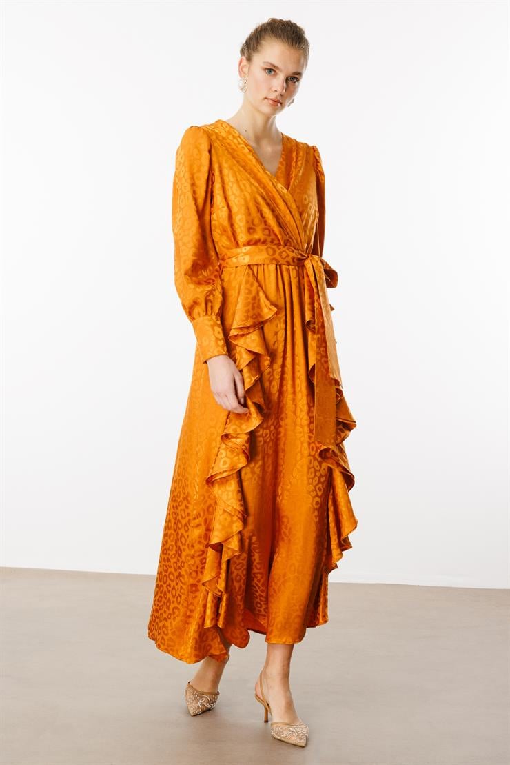 Modailgi  Çift Volanlı Jakar Desenli Kruvaze Elbise Orange