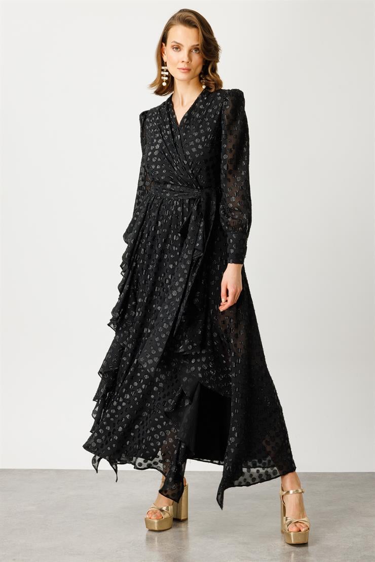 Modailgi  Çift Volanlı Simli Puanlı Elbise Siyah