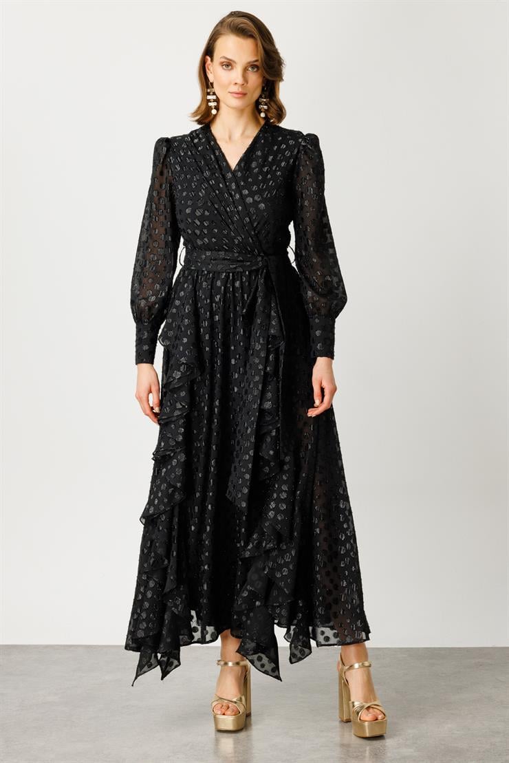 Modailgi  Çift Volanlı Simli Puanlı Elbise Siyah