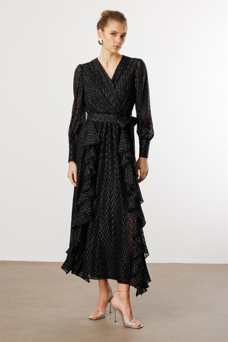 Modailgi  Çift Volanlı Simli Zikzak Desenli Kruvaze Elbise Siyah