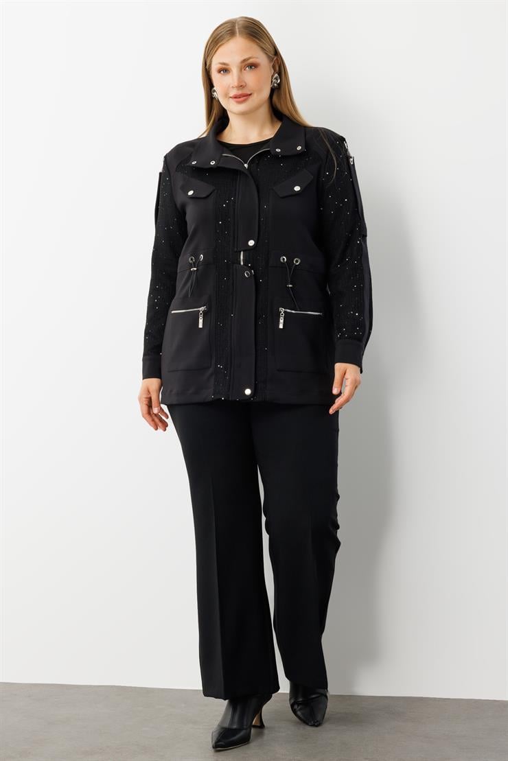 Modailgi  Çıtçıt Detaylı Beli Büzgülü Pullu File İkili Takım Siyah