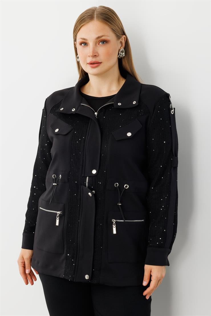 Modailgi  Çıtçıt Detaylı Beli Büzgülü Pullu File İkili Takım Siyah