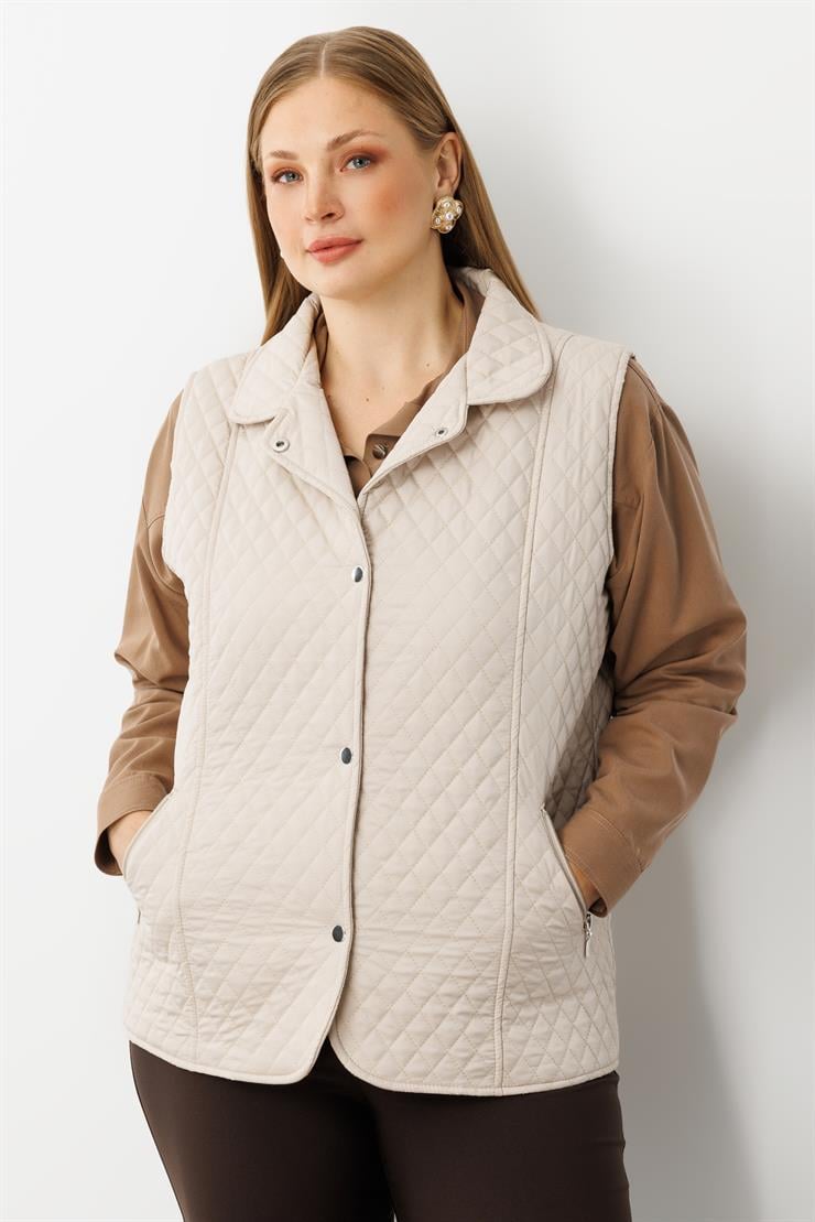 Modailgi  Çıtçıt Kapamalı Ekose Desen Kapitone Yelek Taş