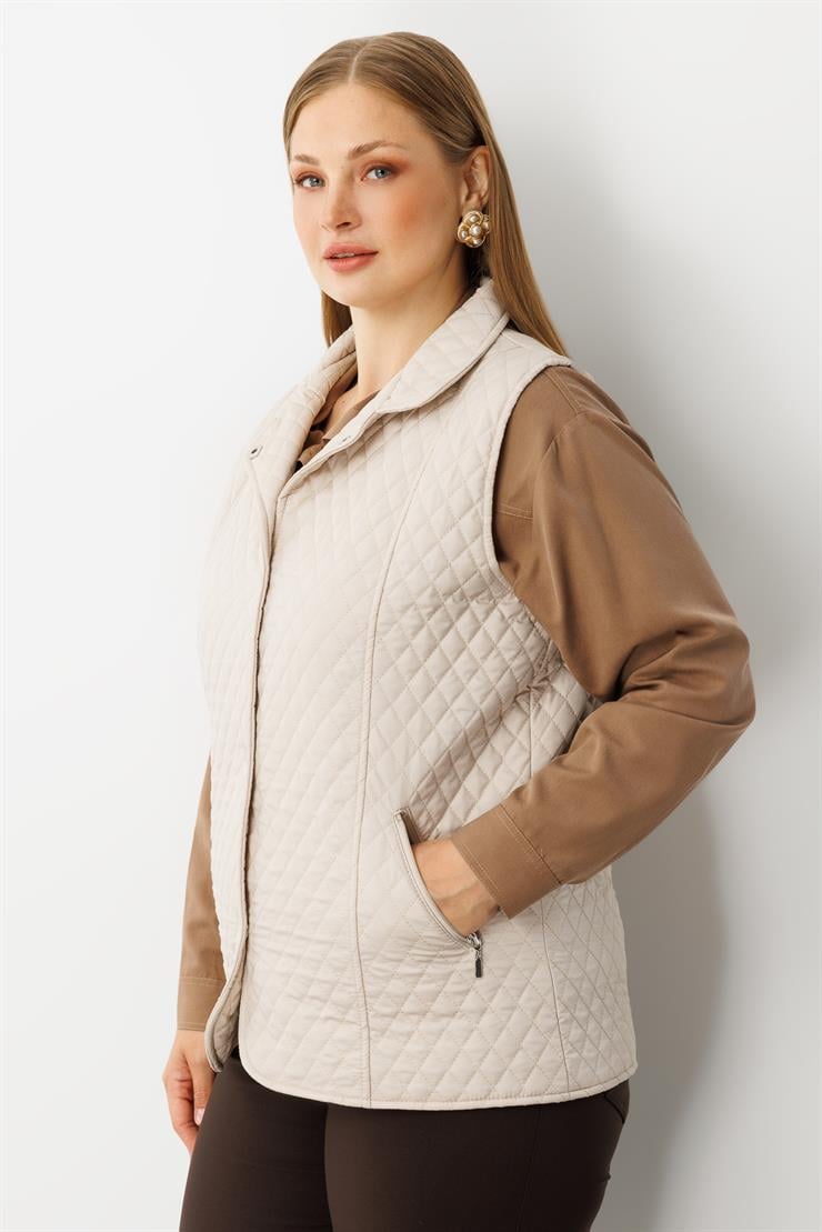 Modailgi  Çıtçıt Kapamalı Ekose Desen Kapitone Yelek Taş