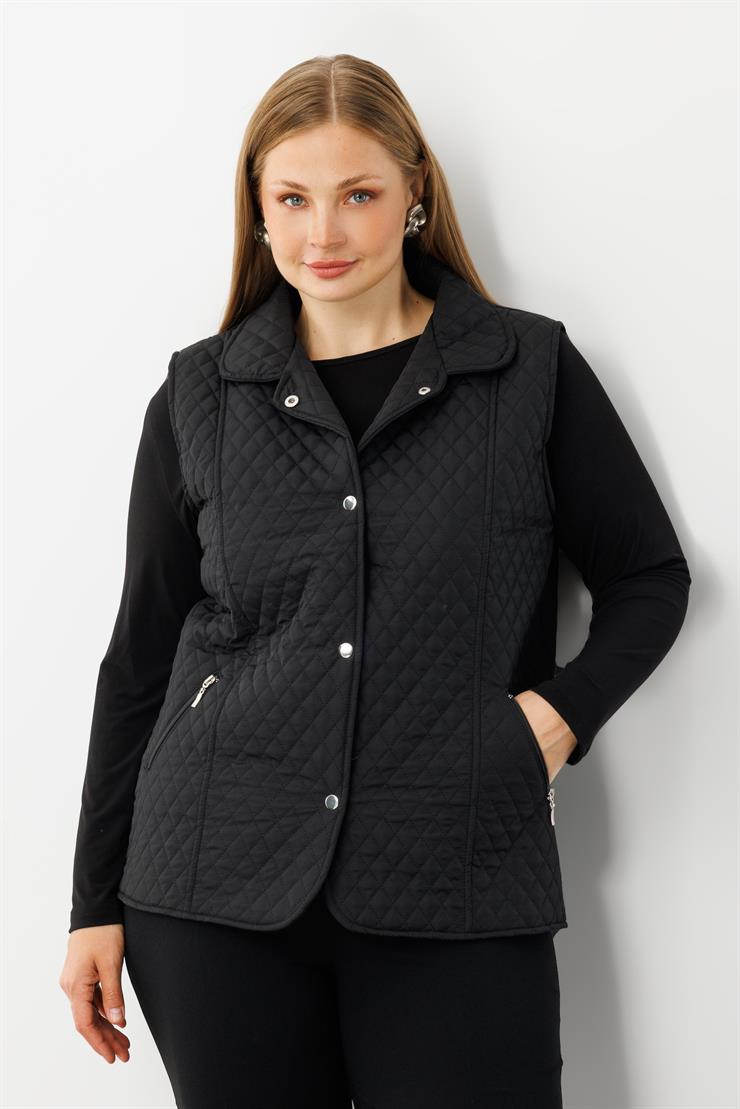 Modailgi  Çıtçıt Kapamalı Ekose Desen Kapitone Yelek Siyah