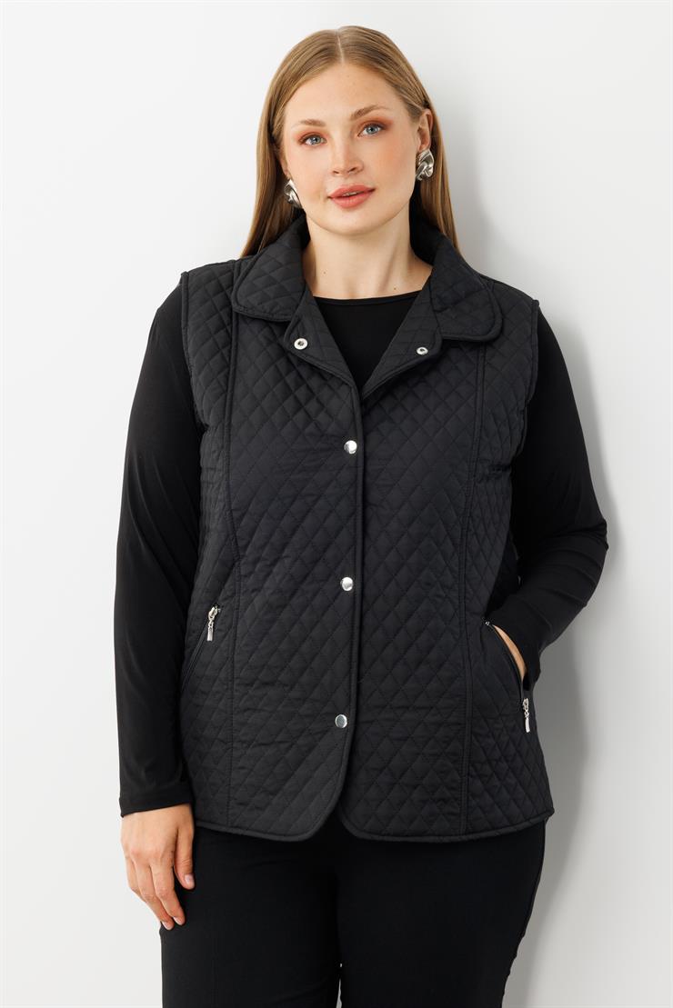 Modailgi  Çıtçıt Kapamalı Ekose Desen Kapitone Yelek Siyah