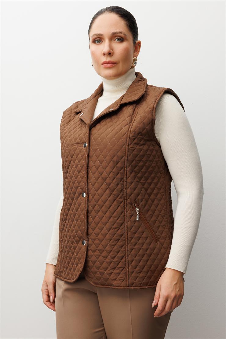 Modailgi  Çıtçıt Kapamalı Ekose Desen Kapitone Yelek Kahve