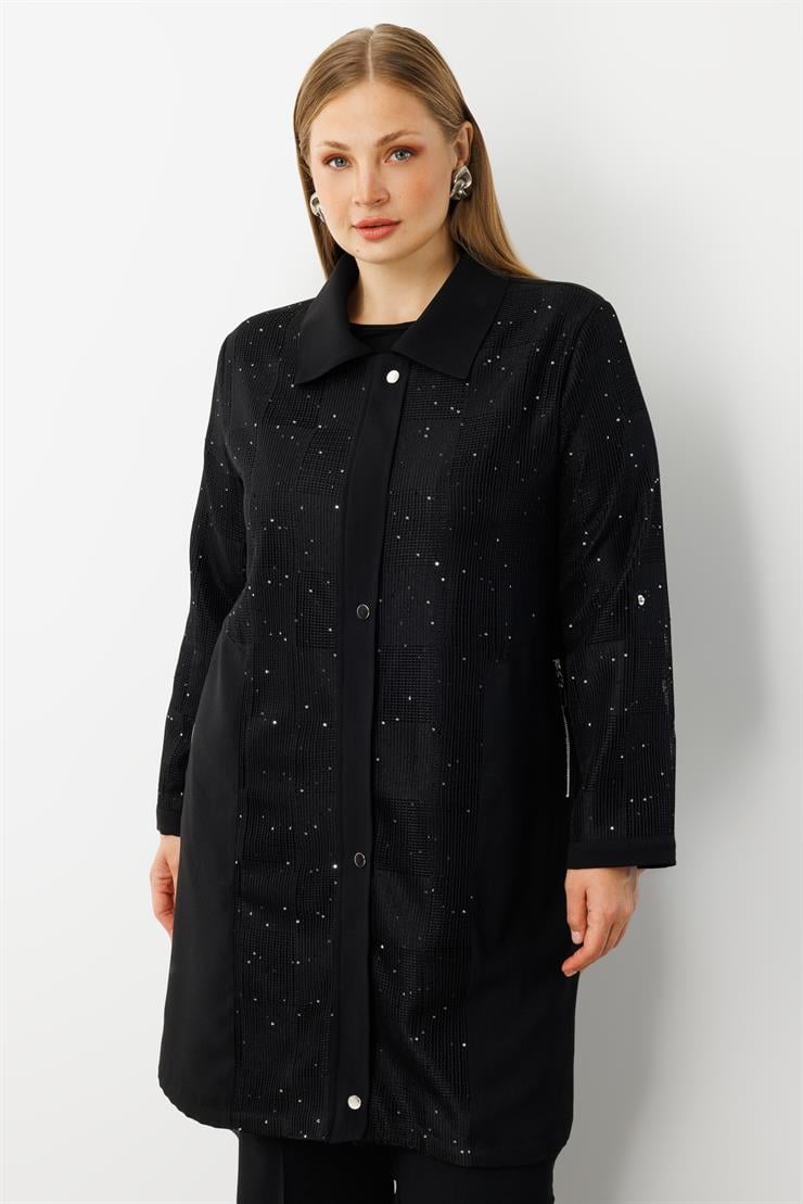 Modailgi  Çıtçıtlı Dama Desen File Pullu Detaylı Kap Siyah