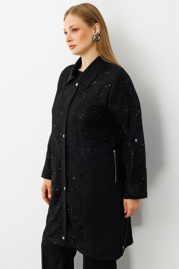 Modailgi  Çıtçıtlı Dama Desen File Pullu Detaylı Kap Siyah